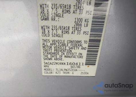 2019 Nissan Murano S из США, поврежденный, VIN 5N1AZ2MJ4KN160411